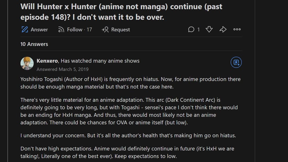 Is there ever going to be a new season of Hunter x Hunter? I really hope  they can turn the dark continent arc into anime. - Quora